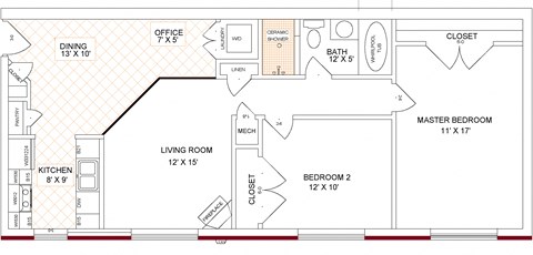 Floor plan for 2 beds, 1 bath, 1000 sqft